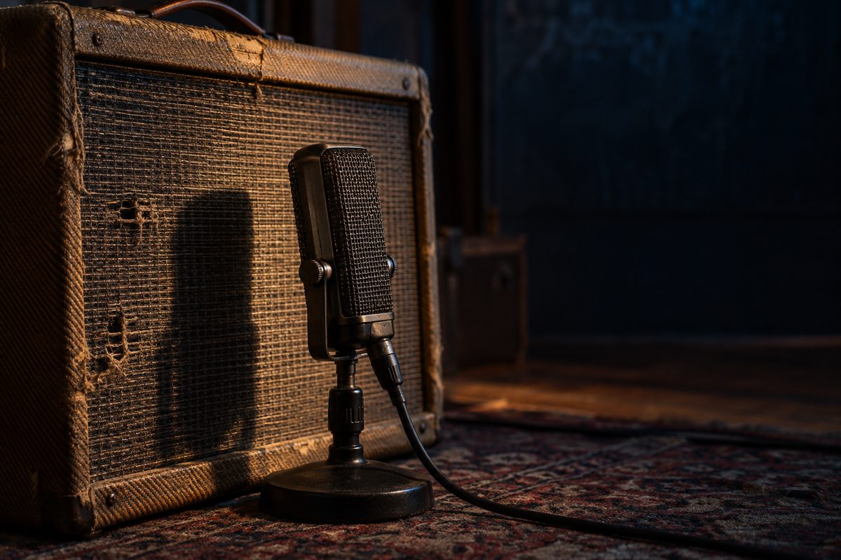 A ribbon microphone facing the worn cloth grille of a guitar amplifier
